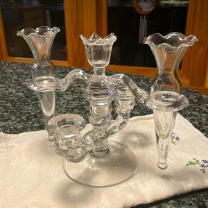 Cambridge Arms 3 Light Candelabra
with Epergne Vases Set, Vintage Glass c.1940s